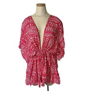Victoria's Secret kimono robe red white heart pattern short sleeve waist tie OS